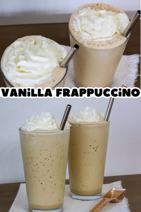 Learn how to recreate the delicious Starbucks Vanilla Frappuccino coffee with this simple recipe. Enjoy a refreshing, cold and creamy drink anytime. Starbucks Vanilla Frappe Recipe, Diy Vanilla Frappuccino, Cafe Vanilla Frappuccino Recipe, How To Make Vanilla Frappe, French Vanilla Frappuccino Recipe, Vanilla Chai Frappe Mcdonalds, Starbucks Coffee Frappuccino Recipe, Homemade Starbucks Frappuccino, Espresso Frappuccino Recipe