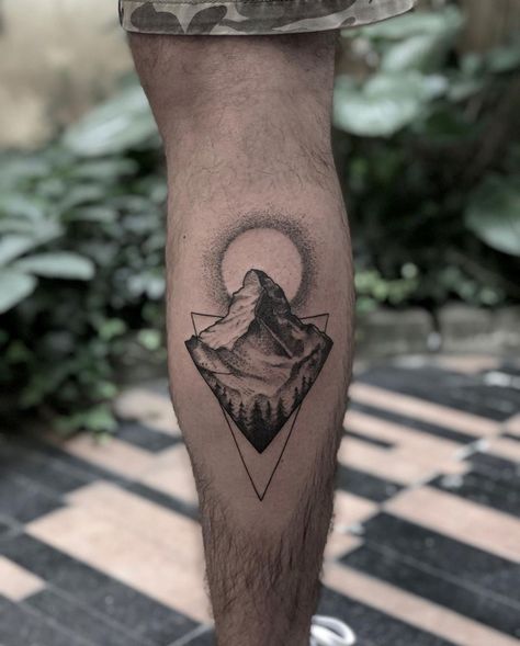 Mountain Calf Tattoo Men, Mountain Calf Tattoo, Geometric Mountain Tattoo Design, Men’s Calf Tattoo Ideas, Male Calf Tattoo, Calf Tattoo Men Simple, Calf Tattoo Men Calves, Back Calf Tattoos Men, Tattoo Ideas For Men Leg Calves