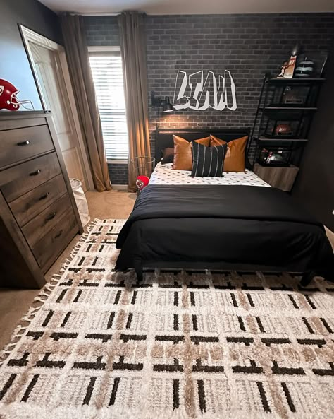 Laura Coleman | LC | Tween boy room reveal! These black skinny stickers have to be applied individually…and we are now missing a fingerprint…but the wall looks… | Instagram Bedroom With An Accent Wall, Tomboy Aesthetic Room Decor, Black Bed Boys Room, Black Brick Bedroom, Youth Bedroom Ideas Boy Rooms, Boy Small Room Ideas, Rustic Teen Boy Bedroom, Boy Rooms Teenage, Black Color Drenched Bedroom