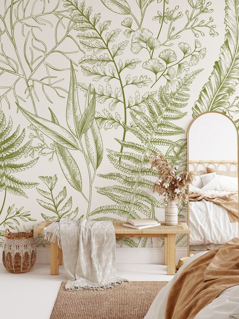 Fern Botanical Removable Mural Wallpaper light Greenery Self - Etsy Australia Fern Wall Mural, Green Wallpaper Room, Fern Mural, Mc Bathroom, Botanical Wall Mural, Botanical Aesthetic, Fern Wallpaper, Greenery Decor, Relaxing Bedroom