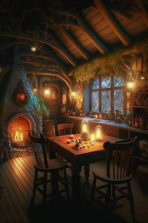 Fantasy Cottage Kitchen, Cozy Fantasy House, Fantasy Cottage Aesthetic, Cozy Fantasy Aesthetic, Fantasy Cottage Art, Fantasy Cottage Interior, Fantasy House Interior, Fantasy Cabin, Magic Places Fantasy Dreams