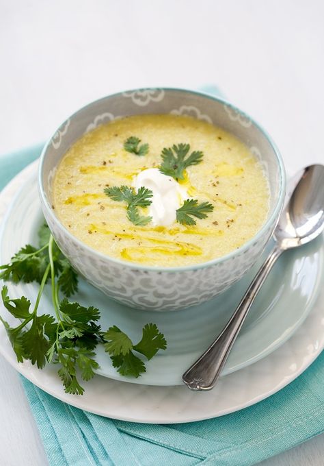 Yellow Summer Squash and Corn Soup Corn Stock, Cumin Water, Yellow Squash Recipes, Squash Zucchini, Chilled Soup, Summer Soup, Summer Foods, Pureed Soup, Yellow Summer Squash