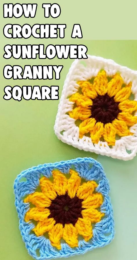 Crochet A Sunflower, Crocheted Sunflower, Crochet Flower Granny Square Pattern, Sunflower Granny Square, Granny Square Crochet Patterns Free, Crochet Sunflower, Crochet Clothes For Women, Haken Baby, Crochet Patterns Free Blanket