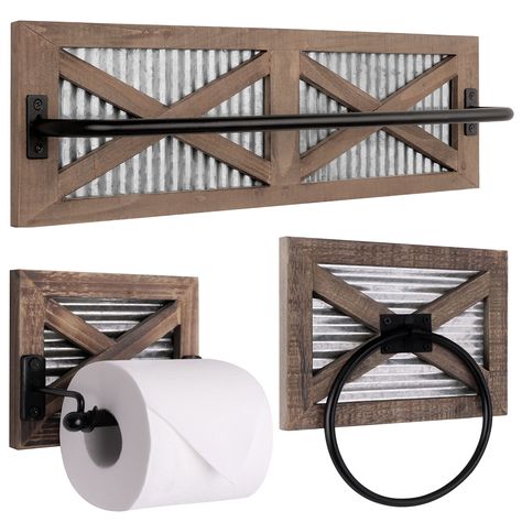 PRICES MAY VARY. Embrace the Rustic Farmhouse Aesthetic - Elevate your bathroom's charm with the Autumn Alley rustic farmhouse collection, featuring a toilet paper holder, hand towel ring, and towel rack. The weathered wooden frame and black metal hardware perfectly complement any bathroom decor Enhance Functionality and Organization - Streamline your bathroom countertops with this meticulously crafted bathroom set. The Autumn Alley Rustic Bathroom Accessories are designed to accommodate hand to Farmhouse Towel Holder, Farmhouse Toilet Paper Holder, Bathroom Accessories Set Modern, Farmhouse Toilet, Farmhouse Toilet Paper Holders, Rustic Farmhouse Bathroom Decor, Rustic Bathroom Accessories, Rustic Towel Rack, Western Bathroom Decor