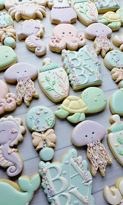 Under the Sea Baby Shower Cookies - Etsy Baby Shower Beach Theme Girl, Under The Sea Girl Baby Shower Theme, Beach Baby Shower Cookies, Sea Creature Baby Shower Ideas, Under The Sea Baby Shower Cookies, Under The Sea Baby Shower Decorations, Mermaid Baby Shower Cookies, Under The Sea Baby Shower Cake, Under The Sea Baby Shower Ideas For Girl