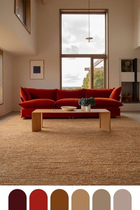 Red Colour Schemes Living Room, Red Sofa Interior Design, Red Rug Living Room Decor Modern, Brick Red Couch Living Room, Living Space Color Scheme, Red Couch Color Scheme, Red And Brown Interior, Red Couch Decor Living Room, Red And Brown Living Room Ideas