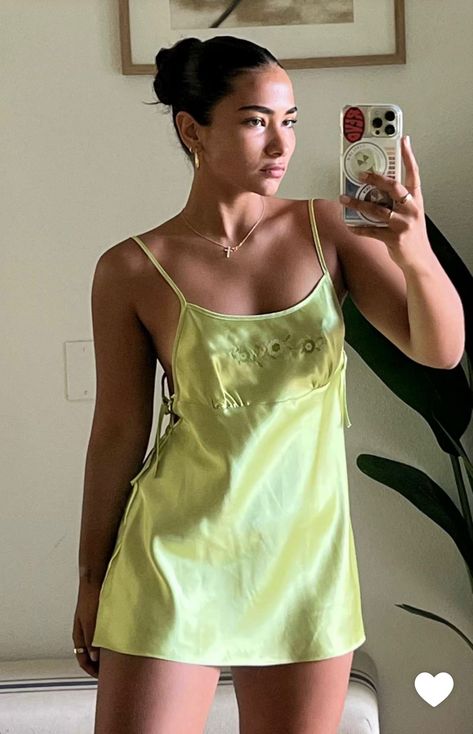 green dress | slicked back bun hairstyle | silk dress | gold hoops | gold jewelry | mini dress Matcha Green Dress, Silk Bun, Slicked Back Bun, Sienna Mae, Bun Outfit, Sleek Bun, Bun Hairstyle, Hoops Gold, Matcha Green