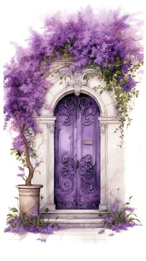 Illustration of purple door architecture lavender flower. | premium image by rawpixel.com Lavender Poster, Purple Architecture Aesthetic, Purple Door Witch House, Castle Door Illustration, Lavender Art Nouveau, Lavender Plant Wallpaper, Medieval Door, Wallpaper Door, Gothic Windows