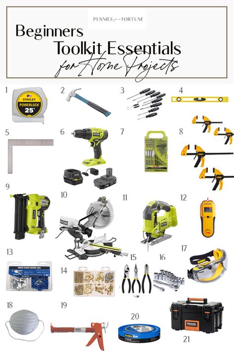 Beginners Toolkit Essentials for DIY Projects - Pennies for a Fortune Tool Kit Essentials, Carpentry For Beginners, Craft Essentials List, Beginner Carpentry, Woodwork Tips, Carpentry Ideas, Redoing Furniture, Woodworking Tools List, Design Toolkit