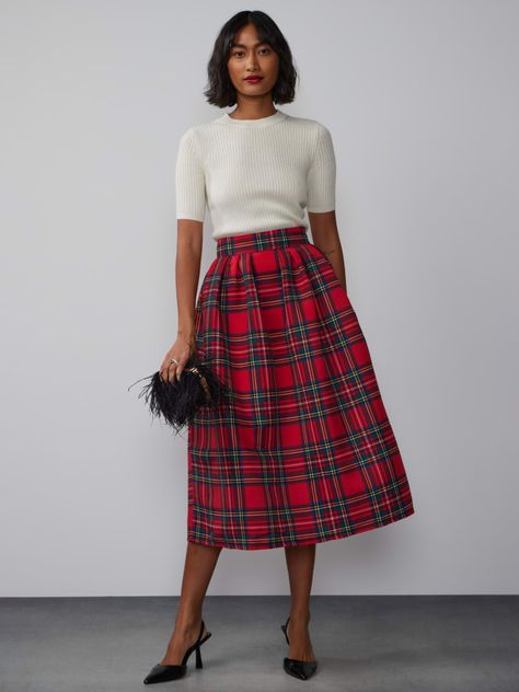 Tartan Pleated Midi Skirt | New York & Company Scottish Skirt Outfit, Plaid Pleated Skirt Outfit, Tartan Skirt Outfit, Tartan Midi Skirt, Tartan Clothing, Red Plaid Skirt, Tartan Skirt, High Rise Skirt, Plaid Outfits