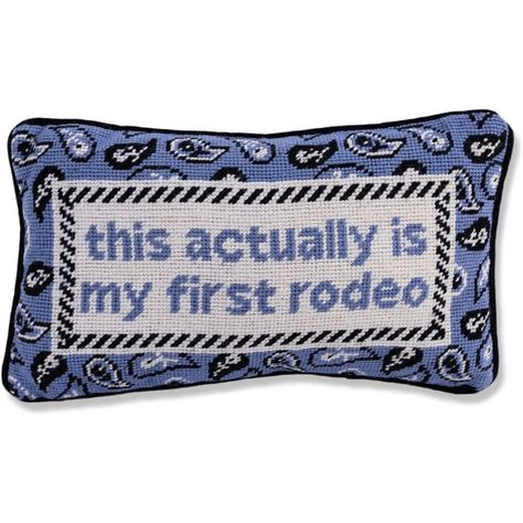 PRICES MAY VARY. Stylish Design: This novelty needlepoint pillow is an instant conversation starter and is sure to catch the attention of your guests. Our cheeky throw pillows are designed to make a statement and spark joy Lovingly Handcrafted: Handmade with premium materials, the front showcases 100% wool embroidery and the back features 100% luxe cotton velvet Ideal Size: This small pillow measures 9” X 15” and brightens up any couch, bed, or chair. Whether you're looking to elevate your livin Statement Pillows, Statement Pillow, Furbish Studio, Needlepoint Pillow, Fun Sayings, Small Pillow, First Rodeo, Detailed Embroidery, Hand Stitch