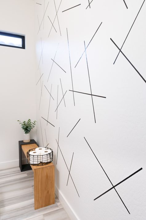 Sharpie Accent Wall, Powder Room Update, Sharpie Wall, Eucalyptus Arrangement, Washi Tape Wall, Sharpie Paint Pens, Modern Wall Decals, Bathroom Accent Wall, Faux Eucalyptus