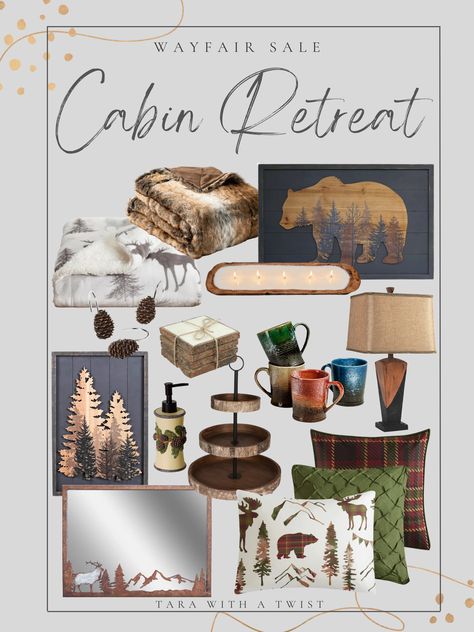 Cabin Decor Themes, Log Cabin Aesthetic Living Room, Colorful Cabin Decor, Chic Mountain Home Decor, Wilderness Living Room Decor, Decorating A Cabin Ideas, Cabin Theme Decor, Up North Decor, Mountain Themed Guest Room