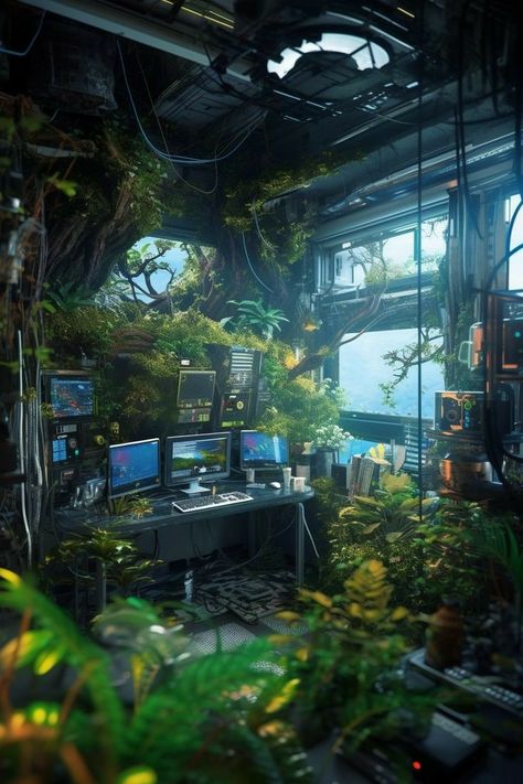 Plants And Technology Aesthetic, Solarpunk Lifestyle, Cyberpunk Nature Aesthetic, Sci Fi Room Concept Art, Plant Cyberpunk, Cyberpunk Cottagecore, Solarpunk Environment, Cyberpunk Plants, Cyberpunk Nature