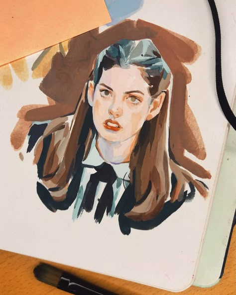 CLASS101+ | Capture Human Nature with Pencil & Gouache Pretty Woman Fanart, Contemporary Self Portraits, Short Hair With Bangs Dyed, Gouache Art Portrait, Gouache Character, Gouache Painting Portrait, Gouache Portrait, Drawing Gouache, Sketch Simple