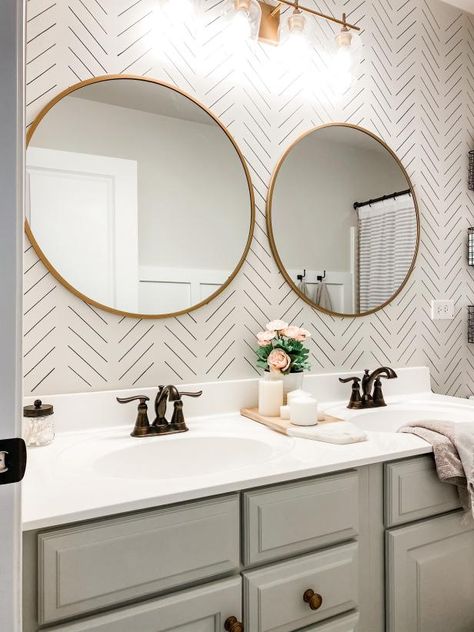 Stylist Michelle Keeley gave her bathroom a quick, trendy update (for free!) by using a permanent marker and DIY stencil to create this gorgeous accent wall in her kids' bathroom. Follow the link to her Instagram page below and find the easy instructions in her story highlights. GET THE HOW-TO: DIY Permanent Marker Wall Hgtv Bathroom, Kids Bathroom Remodel, Teen Bathrooms, Bathroom Redecorating, Bathroom Remodeling Ideas, Diy Bathroom Makeover, Diy Bathroom Remodel, Upstairs Bathrooms, Bathroom Update