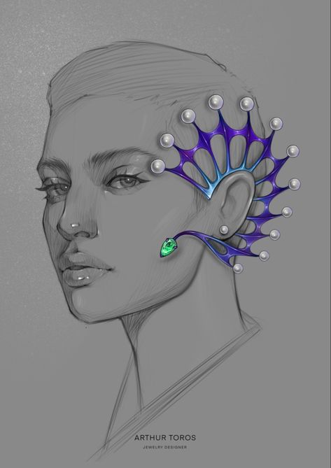 Sketching Procreate, Accessories Design Sketch, Portrait Jewelry, Jewelry Rendering, Sketch Portrait, Art Jewelry Design, Jewellery Design Sketches, Flying Fish, Jewerly Designs