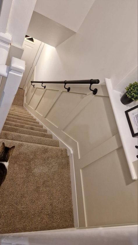 Panel Wall Staircase, Egyptian Cotton Staircase, Panelled Staircase With Handrail, Stairs Wood Panelling, Bead Board Stairways, Wall Bannister Ideas, Panelling With Handrail, Panelled Walls Hallway Staircases, Hallway Panelling Stairs