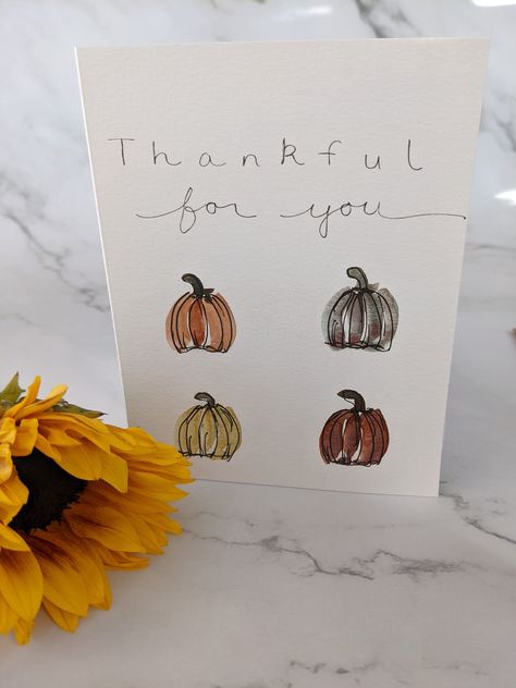 Tell your family and friends how thankful you are for them this fall with these handmade cards.  Details: *Folded card size: approx. 4 ¼ x 5 ½ inches - an A2 envelope is included for each card purchased *Each card is blank inside with plenty of room for a personalized message.  *The back is stamped with my logo, social media handle, and Etsy shop URL. Note: Since each card is hand painted with watercolors, each one will be slightly different, adding to its beauty and uniqueness. These cards ARE NOT prints.   Thank you for taking the time to stop by my shop. If you have any questions, please send me a message. I'd love to hear from you and help you find the perfect card.  All cards are designed and hand painted with love in my studio.  From my heart to yours, Tynea Thank You Card Painting, Everyday Cards Handmade, Stampin Up Pumpkin Cards, Thanksgiving Greeting Cards Handmade, Watercolor Thank You Cards Diy Handmade, Homemade Fall Cards, Fall Homemade Cards, Thank You Watercolor, Simple Fall Watercolor