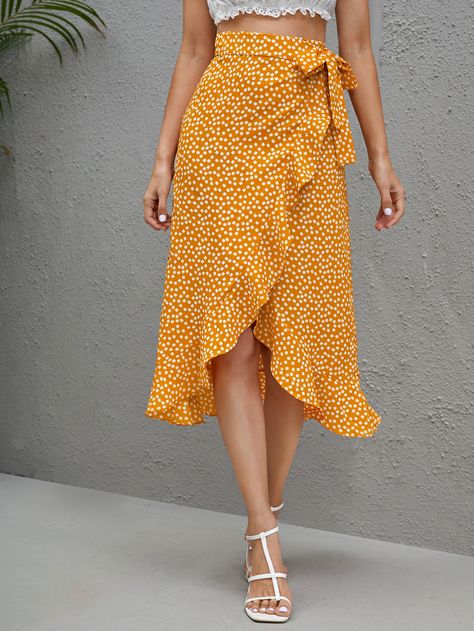 Mustard Yellow Boho   Polyester Ditsy Floral Wrap Embellished Non-Stretch Spring/Summer Women Bottoms Pinafore Skirt, Knot Skirt, Leopard Pencil Skirt, Pu Leather Skirt, Printed Pleated Skirt, Velvet Skirt, Boho Patterns, Body Con Skirt, Yellow Fashion