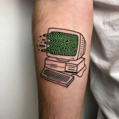 Programming Tattoo Ideas, Programmer Tattoo, Computer Tattoo, Tv Tattoo, Science Tattoo, Comic Tattoo, Doodle Tattoo, Leg Tattoo Men, Gaming Tattoo