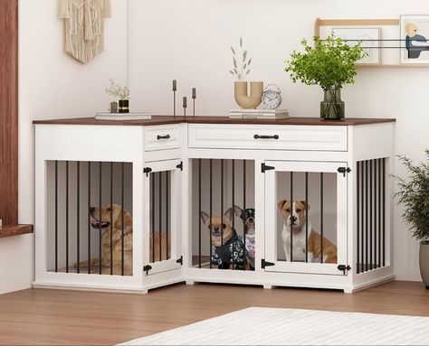 L Shaped Dog Crate Furniture Big Dog Cage, Large Dog Crate Furniture, Large Dog Kennel, Kennel Furniture, Double Dog Crate, Dog Crate Table, Wood Dog Crate, Indoor Dog Kennel, Cat Crate