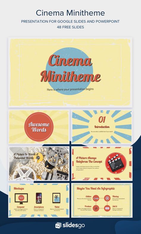 Starring in this template: a retro design, resources, and illustrations of movies! Speak about the seventh art with this design for Google Slides & PPT Aesthetic Ppt Template, Retro Powerpoint Template, Retro Powerpoint, Power Point Ppt, School Powerpoint Templates, Cute Powerpoint Templates, Keynote Design, Ppt Template Design, Presentation Slides Design