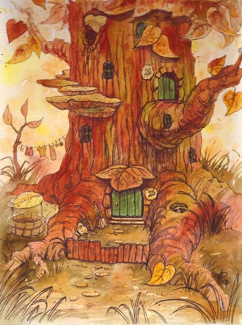 Fairy Tree House , an art print by Amelia Poltoracka - INPRNT Fairy Tree House Illustration, House In Tree Drawing, Fairy Tree Houses Drawing, Tree House Fantasy Art, Fairy Illustration Art, Fairy Garden Illustration, Fairy Home Aesthetic, Tree House Illustration, Tree House Art