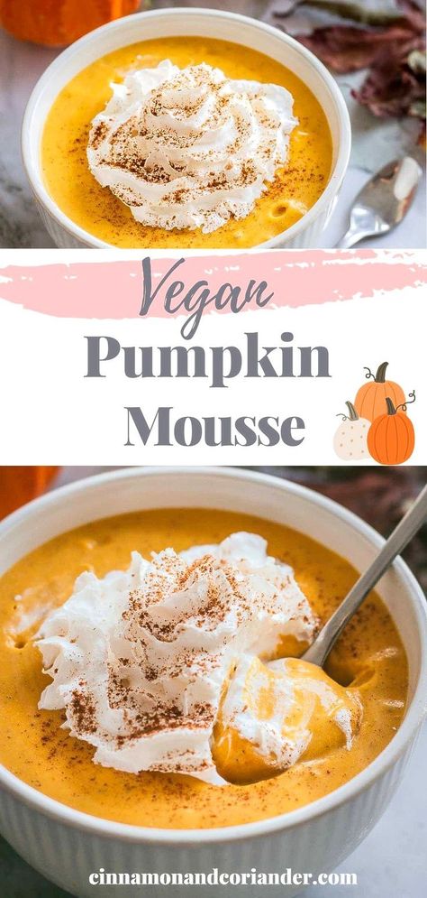 The best recipe for easy vegan pumpkin mousse without gelatine or tofu. A healthy dessert perfect for the holidays. Quick & simple! Vegan Pumpkin Mousse, Tofu Dessert, Healthy Pumpkin Dessert, Caramel Pears, Pumpkin Mousse, German Baking, Pumpkin Pudding, Homemade Pumpkin Puree, Healthy Vegan Desserts