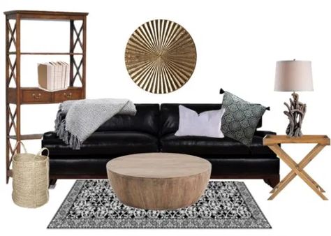 Black Leather Sofas Living Room Ideas, Black Leather Furniture Decor Ideas, Styling A Black Leather Couch, Styling A Black Couch, Styling Black Leather Couch, Black Lounge Styling Living Rooms, Living Room With Black Leather Couch, Black Leather Sofa Living Room Ideas, Black Leather Sectional Decor Ideas