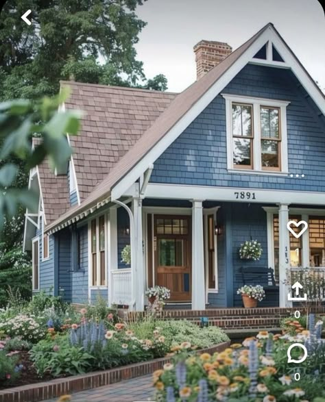 Blue White Brown House Exterior, Wedgewood Blue House Exterior, Blue And White Exterior House, Dusty Blue House Exterior, 80s Home Exterior, Colorful House Exterior, Houses From Outside, Blue Paint Ideas, Blue Farmhouse Exterior