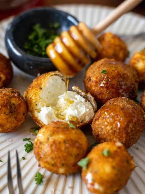 Fried Goat Cheese Balls, Goat Cheese Recipes Appetizers, Goat Cheese Balls, Cheese Recipes Appetizers, Honey Drizzle, Goat Cheese Appetizer, Fried Goat Cheese, Goat Cheese Recipes, Vanderpump Rules