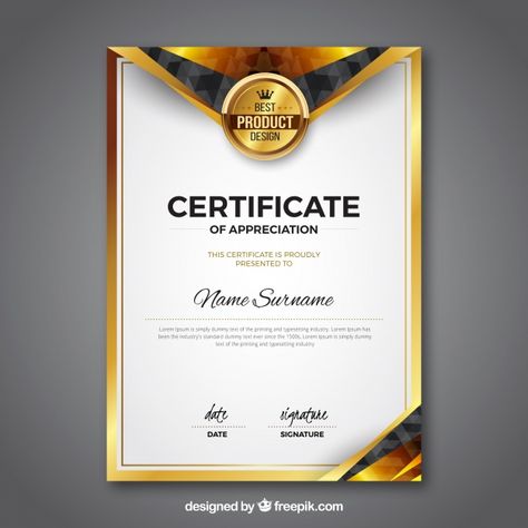 Certificate template with golden color Free Vector Award Certificate Design, Certificate Design Inspiration, Awards Certificates Design, Certificate Layout, Green Certificate, Blank Certificate Template, Certificate Border, Certificate Of Completion Template, Free Certificate Templates