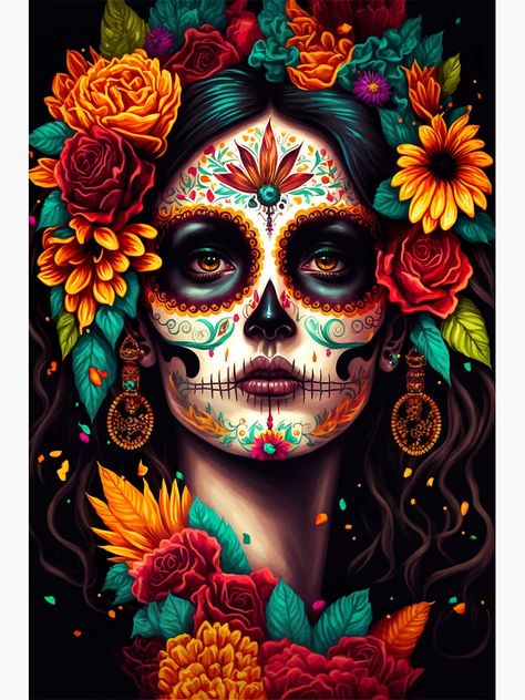 "Día de los Muertos woman, colorful flowers portrait" Sticker for Sale by innazimovec | Redbubble Cute Skeleton Art, Woman Portrait Tattoo Design, La Catrina Art, Sugar Skull Art Painting, Day Of The Dead Illustration, Sugar Skull Images, Mexican Skull Art, Mexican Sugar Skull Art Beautiful, Diego Rivera Art