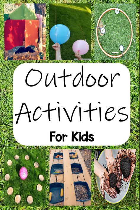 Various outdoor activities for kids are shown including a tent, balloon races, sorting nature and even mud meatballs. Outdoor Activities For 3 Yrs Kids, Preschool Outdoor Activities, Outdoor School Activities, Minimalist Homeschool, Activities Elementary, Elementary Stem Activities, Recycling Activities, Outdoor Learning Activities, Earth Week