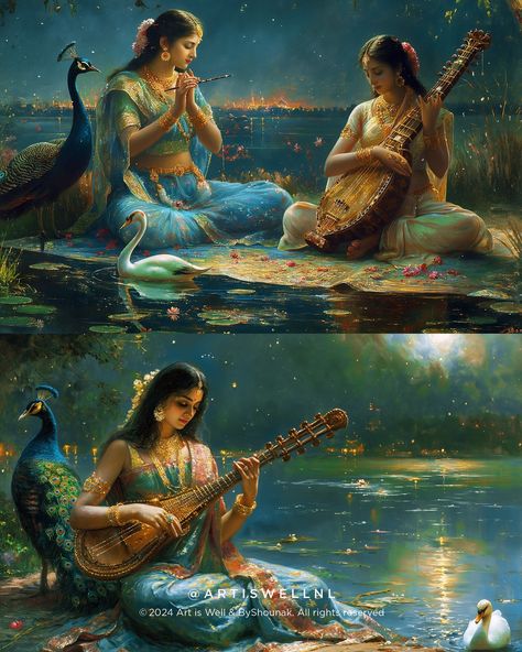 Shounak Tewarie | In the symphony of life, music is the balm that mends the soul and heals broken hearts. It speaks a universal language, reaching into the… | Instagram Sanatan Dharam, Spiritual Art Soul, Saraswati Mata, Spiritual Music, Indian Women Painting, Ancient History Facts, Indian Illustration, Power Of Music, Western Paintings