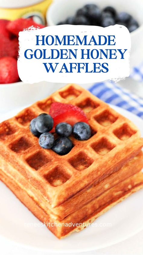 STack of homemade golden honey waffles on a plate ready to eat Homemade Waffles Recipe, Homemade Waffle Recipe, Honey Waffles, Whipped Egg Whites, Homemade Waffle, Yummy Waffles, Egg White Recipes, Waffle Iron Recipes, Fluffy Waffles