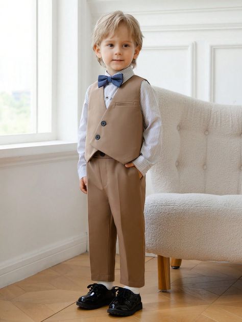 3pcs Coffee-Color Irregularly-Buttoned Vest, Pants & Bow Tie Suits, Formal Performance Outfit For Young Boys Occasion Wear Such As Weddings, Parties, Back-To-School Autumn Outfit Coffee Brown Casual    Plain,Striped  Non-Stretch Fall,Spring,Spring/Fall,Summer,Spring/Summer,Spring/Summer/Fall Young Boys Clothing, size features are:Bust: ,Length: ,Sleeve Length: Boys Occasion Wear, Boys School Outfits, Bow Tie Suit, Suits Formal, Coffee Color, Color Cafe, Coffee Brown, Coffee Colour