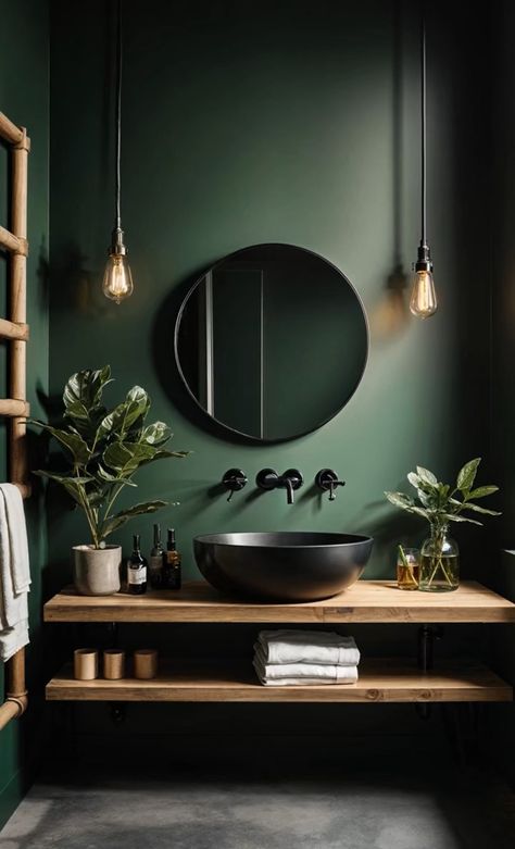 Small Bathroom Ideas Dark Green, Small Dark Powder Room, Small Dark Green Bathroom, Dark Small Bathroom Ideas, Dark Small Bathroom, Dark Green Powder Room, Small Bathroom Green, Powder Room Green, Small Green Bathroom