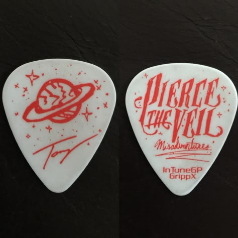 Ay I got Tony Perry's guitar pick!! | Pierce the veil Pretty Guitar Picks, Aesthetic Guitar Picks, Guitar Pick Aesthetic, Guitar Pick Design, Cute Guitar Picks, Gutair Picks, Pierce The Veil Tattoos Ideas, Guitar Picks Aesthetic, Guitar Pick Tattoo