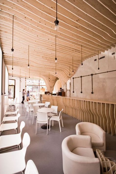 If you are a coffee and an architecture lover, these dreamy places will amaze you! We looked around the world to find beautiful coffee shops that will give you an instant wish to travel more and enjoy Café Interior, Burger Bar, Plywood Interior, Art Restaurant, Plafond Design, Coffee Shop Design, Cafe Interior Design, Lodz, Restaurant Interior