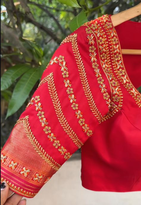 Aari Work On Silk Blouse, Blouse Sleeve Embroidery Designs, Silk Blouse Aari Work Designs, Simple Blouse Embroidery Designs Silk, Red Saree Blouse Design, Blouse Aari Work Design Simple, Blouse Handwork Embroidery Designs, Bridal Maggam Work Blouses Latest, Blouse Hand Embroidery Designs