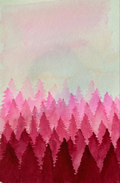 Art, watercolor, painting, pink, monochromatic, trees, forest, pine Monochromatic Watercolor Painting Easy, Monochromatic Pink, Monochromatic Landscape Painting Acrylic, Watercolor Art Monochromatic, Monochromatic Art Ideas, Monochromatic Landscape, Monochrome Art Painting, Monochromatic Painting Easy, Pink Monochromatic Painting