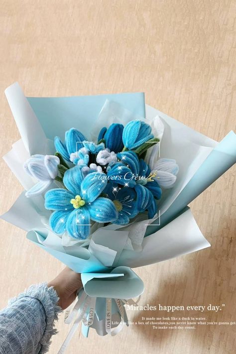 Homecoming Bouquet: Handmade Elegant Small Bouquet of Flowers in Blue for Homecoming Fuzzy Flower Bouquet, Fuzzy Wire Flower Bouquet Tutorial, Blue Pipe Cleaner Bouquet, Blue Pipe Cleaner Flowers, Fuzzy Wire Bouquet, Bouquet For Husband, Fuzzy Wire Flower Bouquet, Flower Bouquet For Him, Pipecleaners Flowers Bouquet