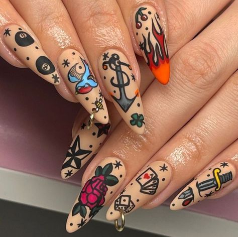 Nails With Finger Tattoos, Tattoo Nail Art Ideas, Traditional Tattoo Nail Art, American Traditional Nails, Traditional Tattoo Nails, Tattoo Nails Designs, Tattooed Nails, Trippy Nails, Rockabilly Nails