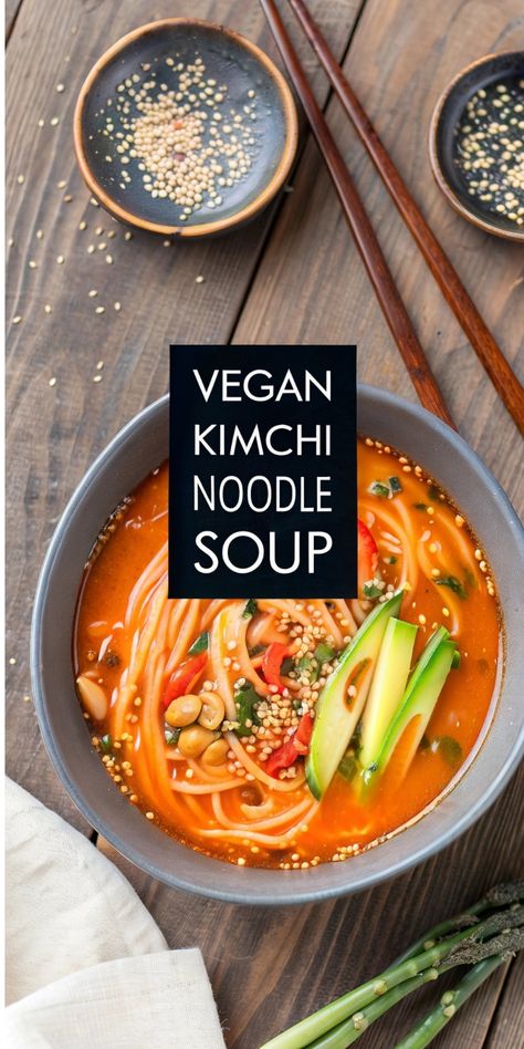 This Kimchi Noodle Soup is a game-changer! Bursting with vegan kimchi and tender pak choy, it’s a Vegan Asian dish you’ll keep coming back to. Whether you're a fan of vegan soup recipes or noodle soup recipes, this comforting meal is perfect for your next dinner. #KimchiNoodles #VeganKimchi #NoodleSoupRecipes Kimchi Noodle Soup, Kimchi Soup Recipe, Korean Soup Recipes, Vegan Kimchi Recipe, Vegetarian Kimchi, Kimchi Soup, Kimchi Noodles, Vegan Banana Muffins, Pak Choy