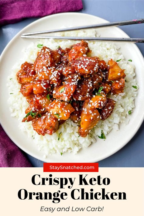 Keto Orange Chicken Recipe, Low Carb Orange Chicken, Keto Orange Chicken, Juicy Chicken Thighs, Sugar Free Ketchup, Chicken Recipes Boneless, Riced Cauliflower, Orange Chicken Recipe, Orange Sauce