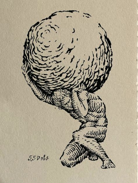 Etching Drawing Illustration, Optimistic Nihilism Tattoo, Nihilism Tattoo Ideas, Sisphyus Tattoo, Sysiphus Drawing, Sisyphus Drawing, Crosshatch Tattoo, Sisyphus Art, Medieval Woodcut Tattoo