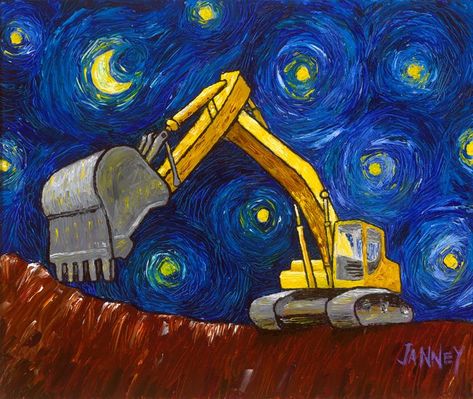 Excavator Painting, Construction Painting, Rick And Morty Characters, Construction Vehicle, Construction Machines, The Starry Night, Celestial Art, Journal Art, Paintings Prints