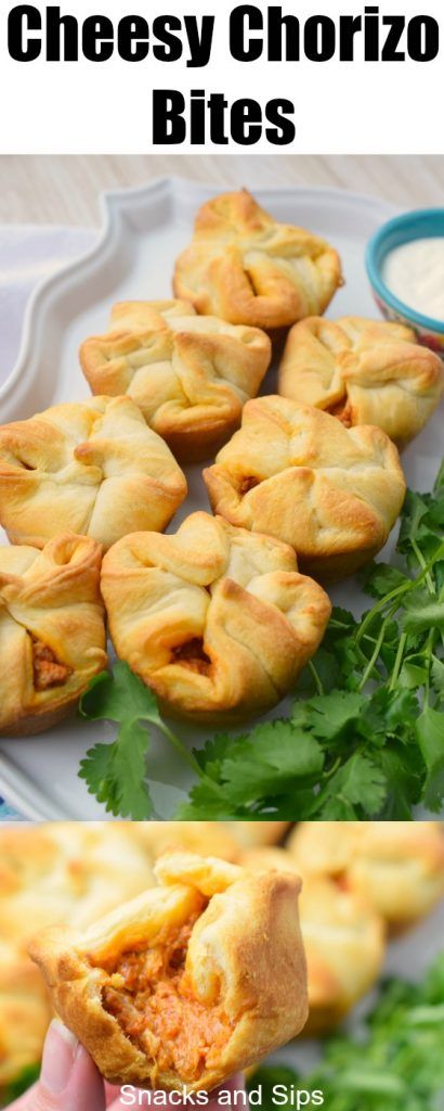 Cheesy Chorizo Bites - A quick and easy appetizer perfect for game day! Crescent dough filled with chorizo, cream cheese, and cheddar cheese. Chorizo Bites, Chorizo Appetizer, Finger Snacks, How To Cook Chorizo, Chorizo Recipes, Quick And Easy Appetizers, Crescent Dough, Spring Roll, Appetizer Bites